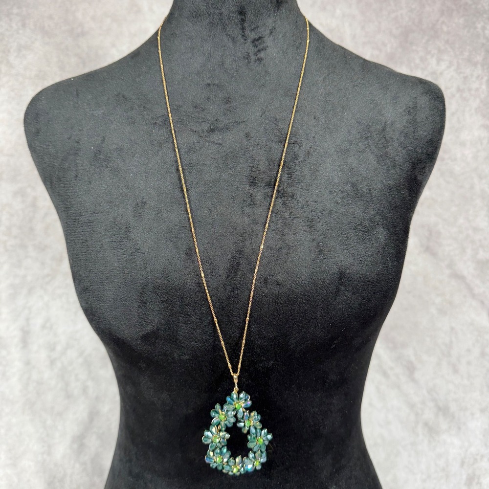 Vtg Green Iridescent Crystal Floral Teardrop Statement Necklace Whimsigoth Fairy
